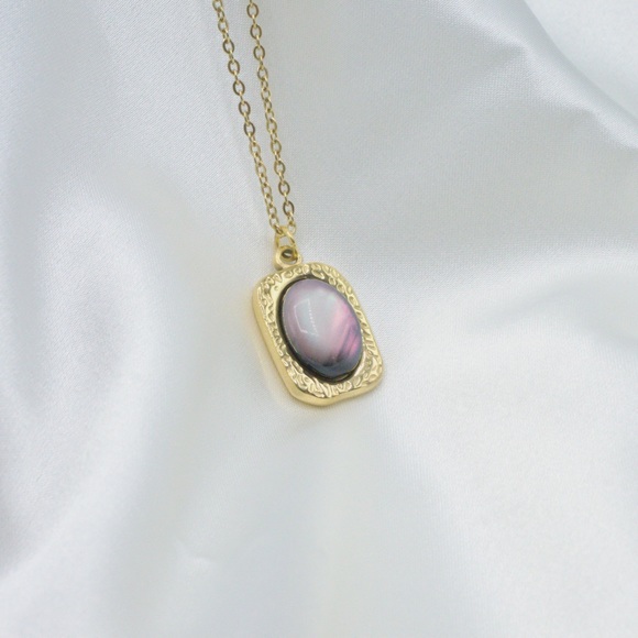 Aurora Borealis Stone Pendant Gold Necklace - Picture 5 of 5